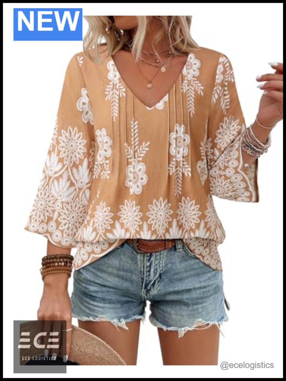Women's Boho Floral Tunic Top 3/4 Sleeve V-Neck Loose Fit Blouse